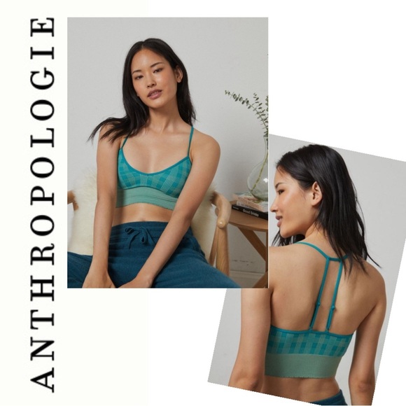 Anthropologie Jenny Seamless Teal Jacquard Plaid T-Back Bralette‎ Bra Sz M/L NEW - Picture 1 of 11